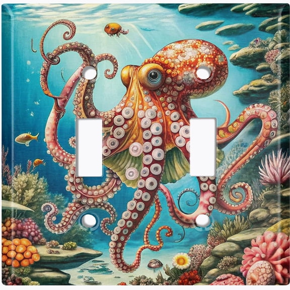 Metal Light Switch Wall Plate Outlet Cover (Printed Image of Octopus in Coral Reef - Double Toggle)
