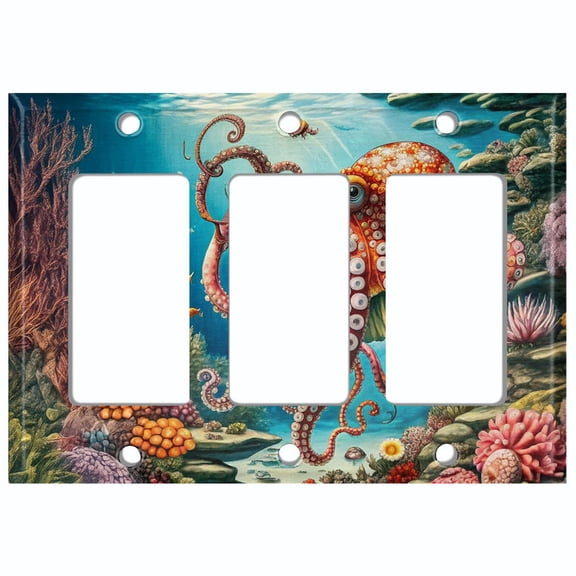Metal Light Switch Wall Plate Outlet Cover (Printed Image of Octopus in Coral Reef - Triple GFI/Rocker)