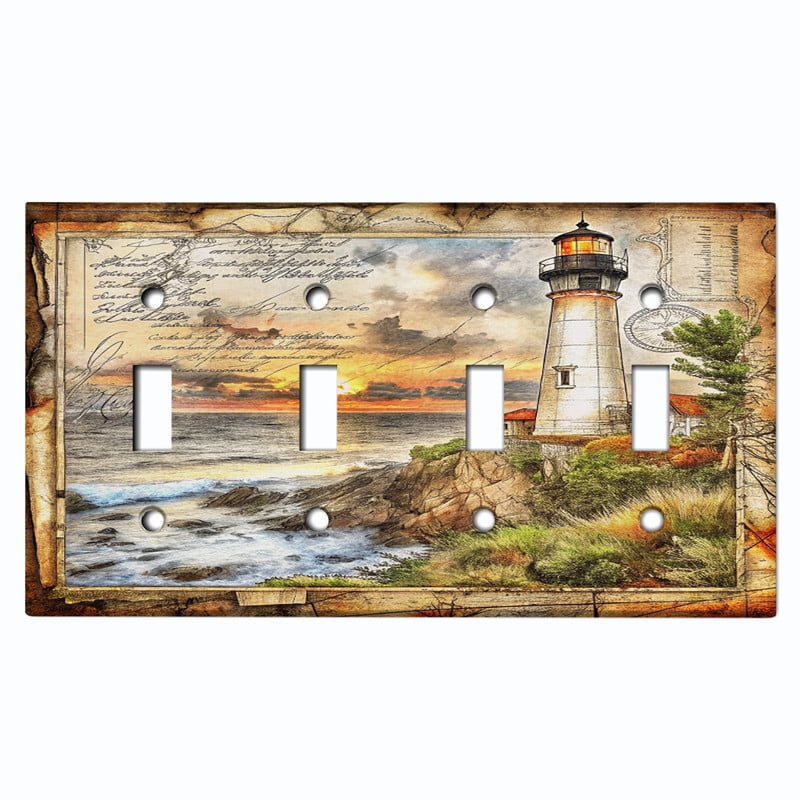 Metal Light Switch Wall Plate Outlet Cover (Printed Image of Old Map Vintage Lighthouse - Quad Toggle)