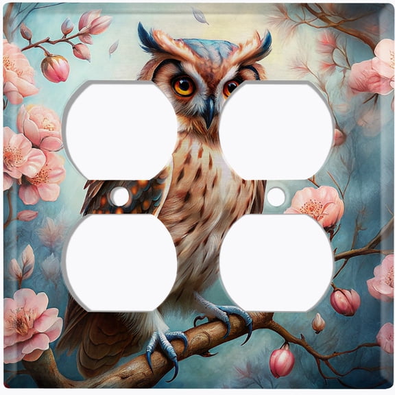 Metal Light Switch Wall Plate Outlet Cover (Printed Image of Owl on Cherry Tree - Double Duplex)