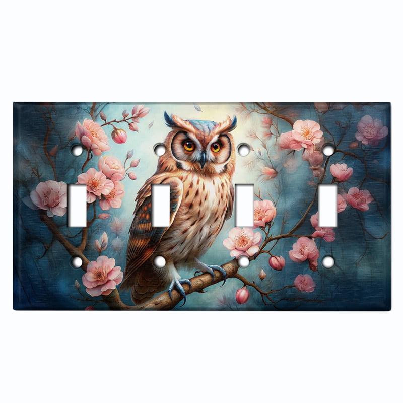 Metal Light Switch Wall Plate Outlet Cover (Printed Image of Owl on Cherry Tree - Quad Toggle)