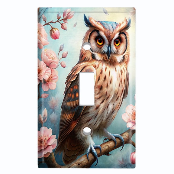 Metal Light Switch Wall Plate Outlet Cover (Printed Image of Owl on Cherry Tree - Single Toggle)