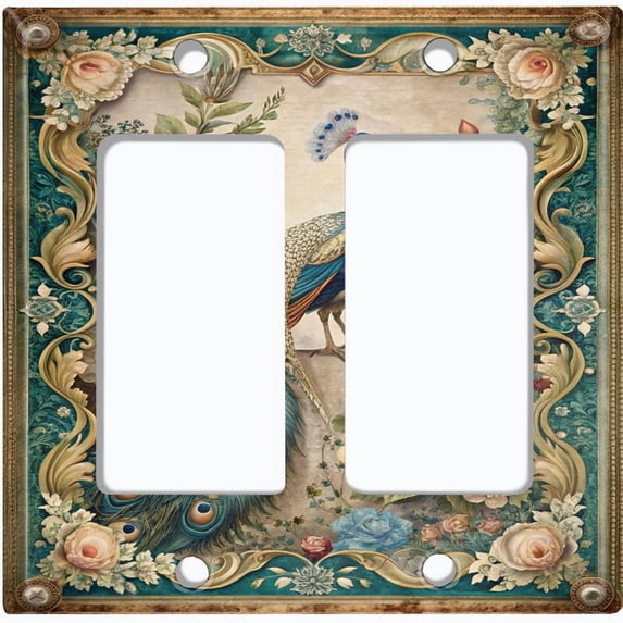 Metal Light Switch Wall Plate Outlet Cover (Printed Image of Peacock in Floral Frame - Double GFI/Rocker)