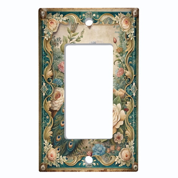 Metal Light Switch Wall Plate Outlet Cover (Printed Image of Peacock in Floral Frame - Single GFI/Rocker)