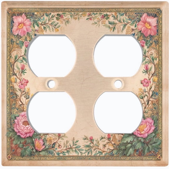 Metal Light Switch Wall Plate Outlet Cover (Printed Image of Pink Floral Frame - Double Duplex)