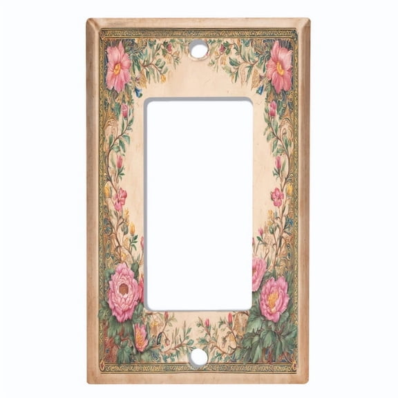 Metal Light Switch Wall Plate Outlet Cover (Printed Image of Pink Floral Frame - Single GFI/Rocker)
