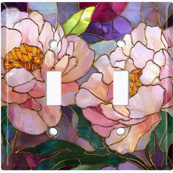 Metal Light Switch Wall Plate Outlet Cover (Printed Image of Pink Stained Glass Flowers - Double Toggle)
