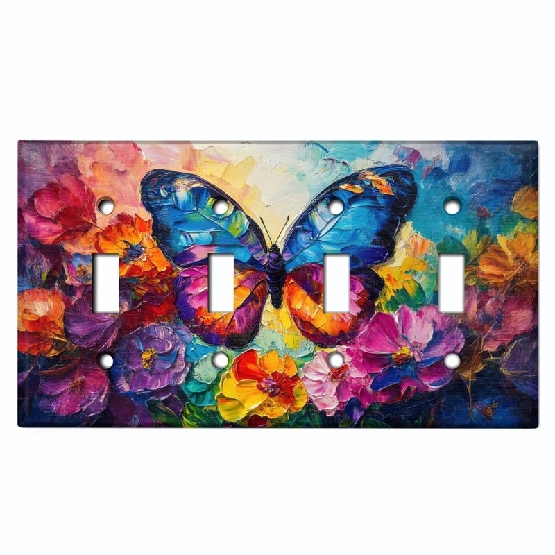Metal Light Switch Wall Plate Outlet Cover (Printed Image of Rainbow Painted Butterfly - Quad Toggle)