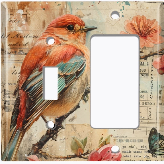 Metal Light Switch Wall Plate Outlet Cover (Printed Image of Red Bird Scrapbook Art - 2 Gang Toggle/GFI Rocker)