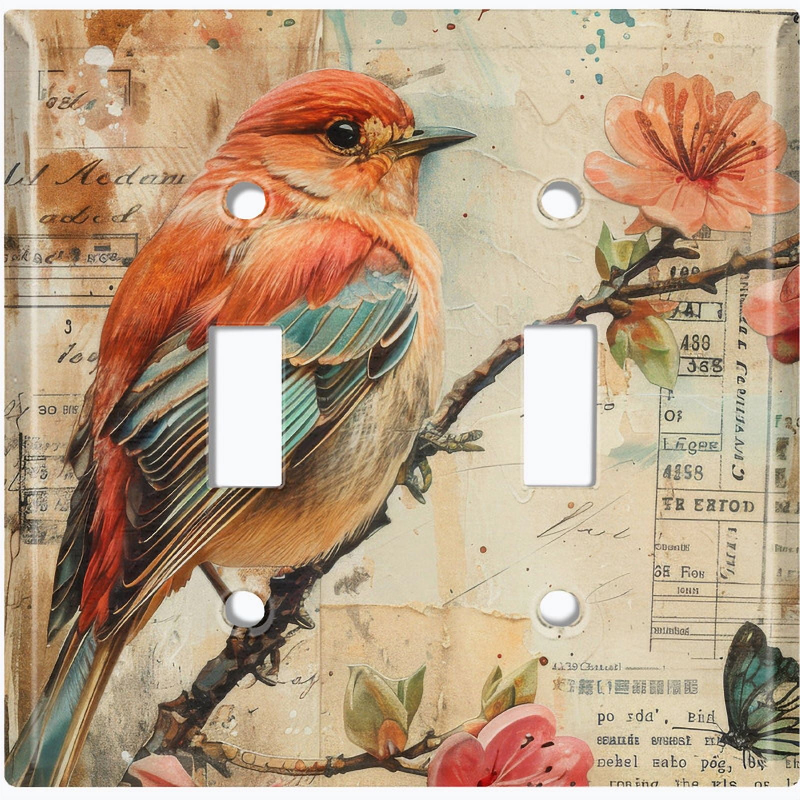 Metal Light Switch Wall Plate Outlet Cover (Printed Image of Red Bird Scrapbook Art - Double Toggle)