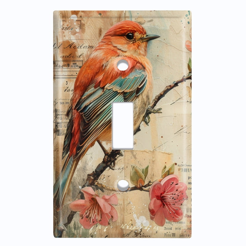 Metal Light Switch Wall Plate Outlet Cover (Printed Image of Red Bird Scrapbook Art - Single Toggle)