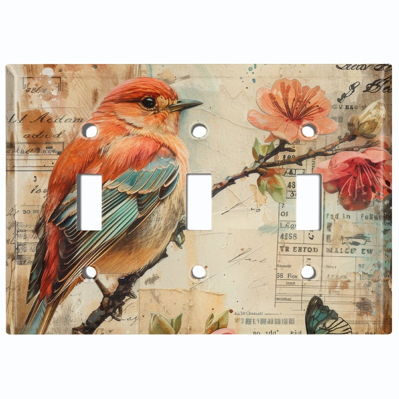 Metal Light Switch Wall Plate Outlet Cover (Printed Image of Red Bird Scrapbook Art - Triple Toggle)