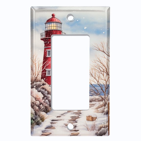 Metal Light Switch Wall Plate Outlet Cover (Printed Image of Red Lighthouse - Single GFI/Rocker)