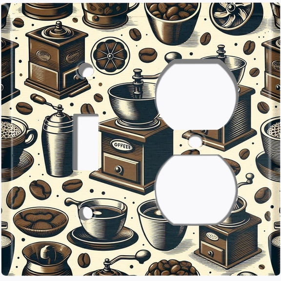 Metal Light Switch Wall Plate Outlet Cover (Printed Image of Retro Coffee Pattern - 2 Gang Toggle/Duplex)