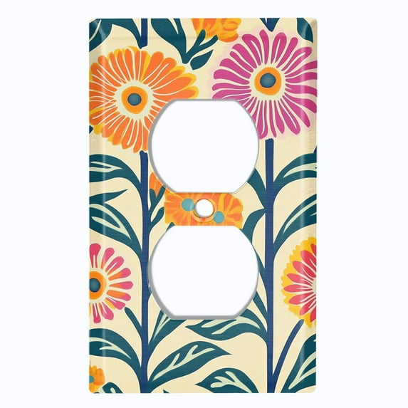Metal Light Switch Wall Plate Outlet Cover (Printed Image of Retro Floral Pattern - Single Duplex)