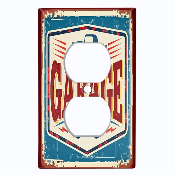Metal Light Switch Wall Plate Outlet Cover (Printed Image of Retro Garage Sign - Single Duplex)