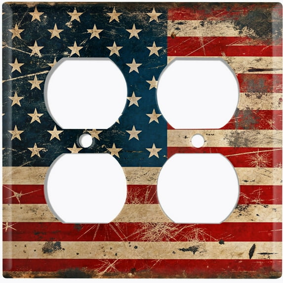 Metal Light Switch Wall Plate Outlet Cover (Printed Image of Rustic American Flag - Double Duplex)