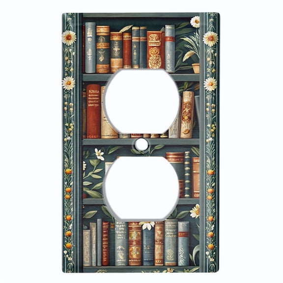 Metal Light Switch Wall Plate Outlet Cover (Printed Image of Rustic Bookshelf - Single Duplex)