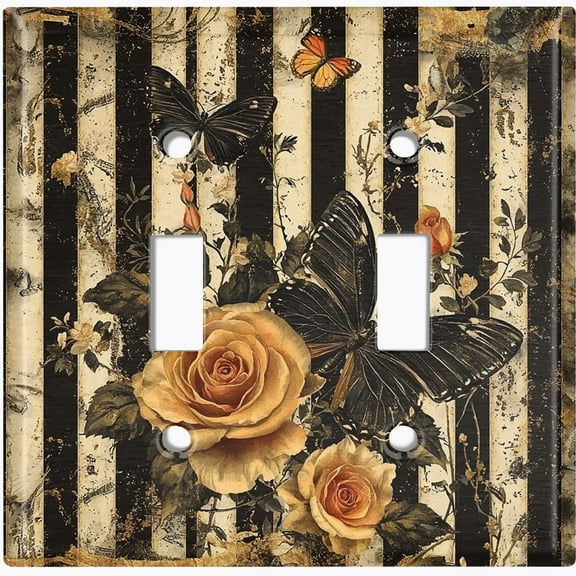 Metal Light Switch Wall Plate Outlet Cover (Printed Image of Rustic Butterfly with Flowers - Double Toggle)
