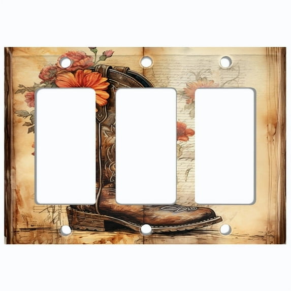 Metal Light Switch Wall Plate Outlet Cover (Printed Image of Rustic Cowboy Boot - Triple GFI/Rocker)