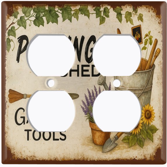 Metal Light Switch Wall Plate Outlet Cover (Printed Image of Rustic Farmhouse Garden Sign - Double Duplex)