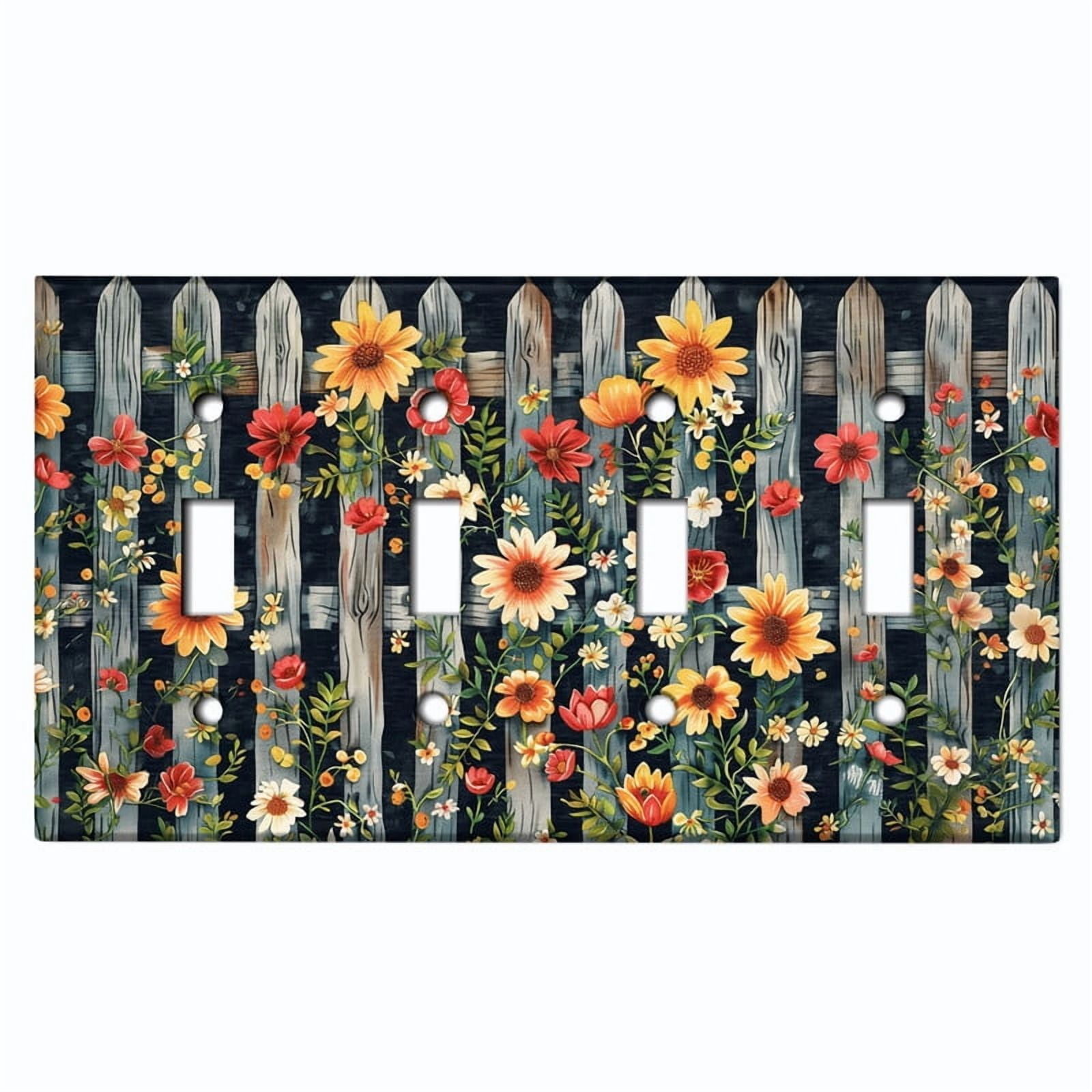 Metal Light Switch Wall Plate Outlet Cover (Printed Image of Rustic Floral Fence - Quad Toggle)