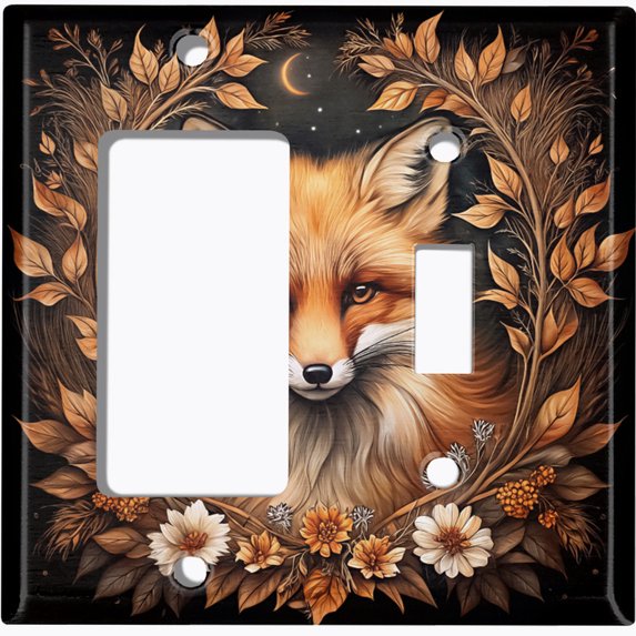 Metal Light Switch Wall Plate Outlet Cover (Printed Image of Rustic Floral Framed Fox - 2 Gang GFI Rocker/Toggle)