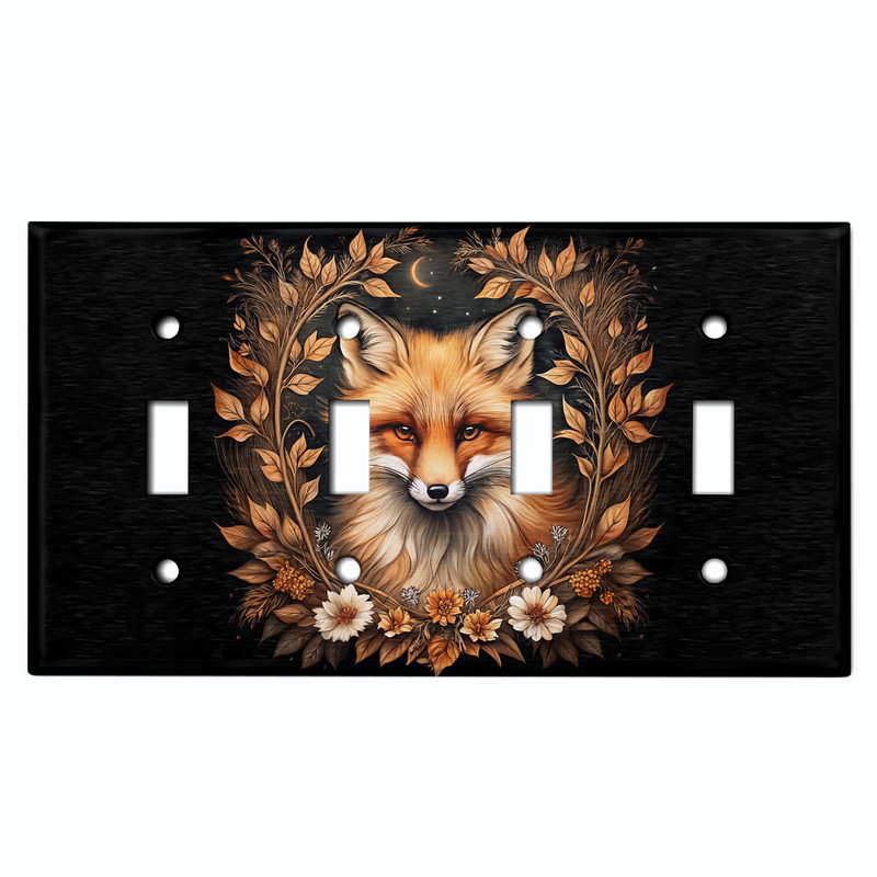 Metal Light Switch Wall Plate Outlet Cover (Printed Image of Rustic Floral Framed Fox - Quad Toggle)