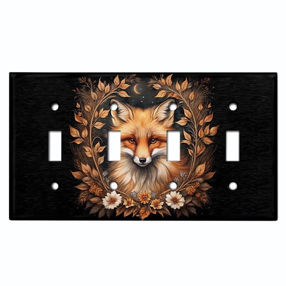 Metal Light Switch Wall Plate Outlet Cover (Printed Image of Rustic Floral Framed Fox - Quad Toggle)