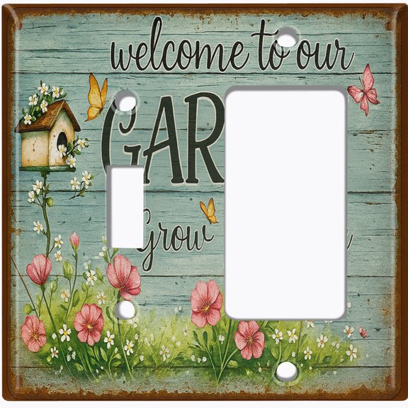Metal Light Switch Wall Plate Outlet Cover (Printed Image of Rustic Floral Garden Sign - 2 Gang Toggle/GFI Rocker)