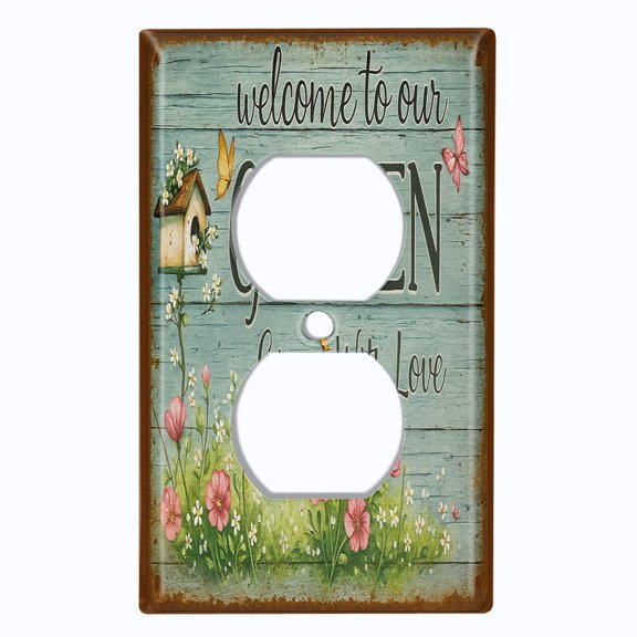 Metal Light Switch Wall Plate Outlet Cover (Printed Image of Rustic Floral Garden Sign - Single Duplex)