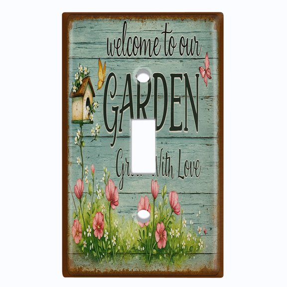 Metal Light Switch Wall Plate Outlet Cover (Printed Image of Rustic Floral Garden Sign - Single Toggle)