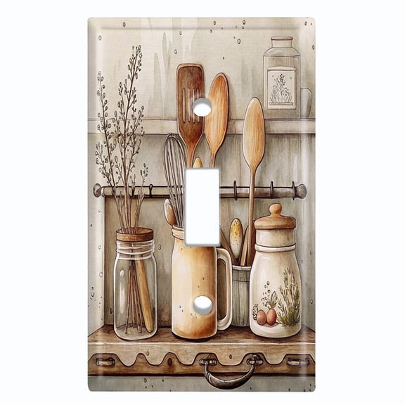 Metal Light Switch Wall Plate Outlet Cover (Printed Image of Rustic Kichen Utensils - Single Toggle)