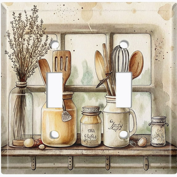 Metal Light Switch Wall Plate Outlet Cover (Printed Image of Rustic Kitchen Items - Double Toggle)