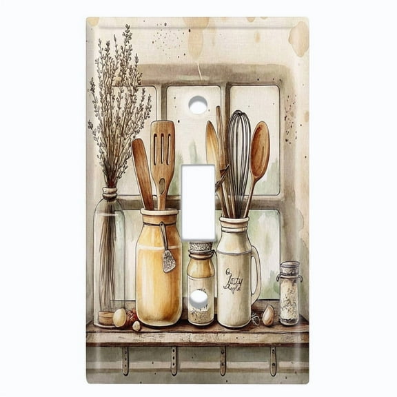 Metal Light Switch Wall Plate Outlet Cover (Printed Image of Rustic Kitchen Items - Single Toggle)