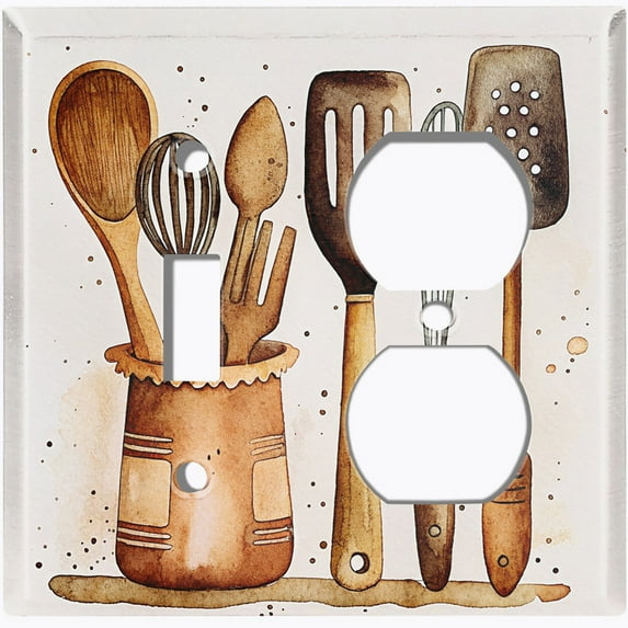 Metal Light Switch Wall Plate Outlet Cover (Printed Image of Rustic Kitchen Utensils - 2 Gang Toggle/Duplex)