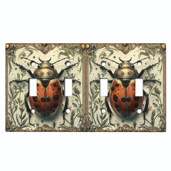 Metal Light Switch Wall Plate Outlet Cover (Printed Image of Rustic Lady Bug - Quad Toggle)