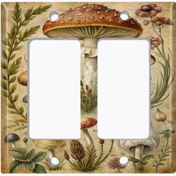 Metal Light Switch Wall Plate Outlet Cover (Printed Image of Rustic Mushrooms Cottagecore - Double GFI/Rocker)