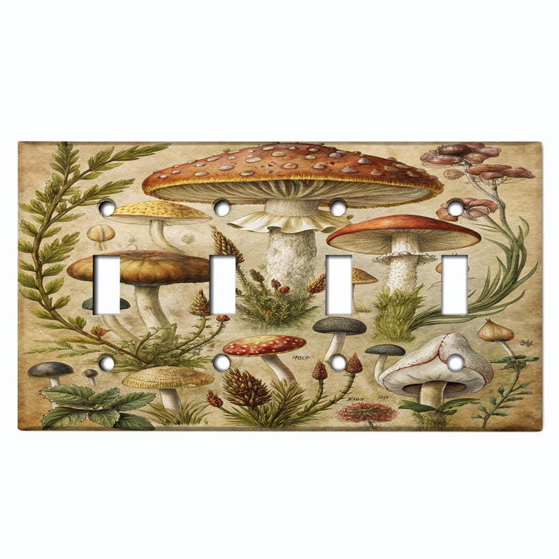 Metal Light Switch Wall Plate Outlet Cover (Printed Image of Rustic Mushrooms Cottagecore - Quad Toggle)