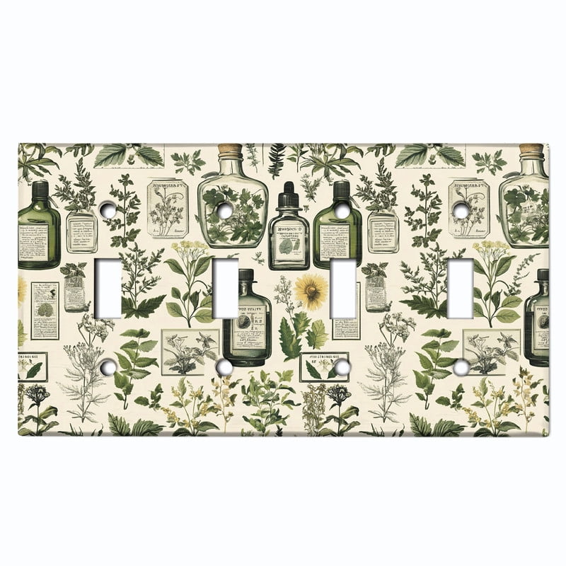Metal Light Switch Wall Plate Outlet Cover (Printed Image of Rustic Plants - Quad Toggle)