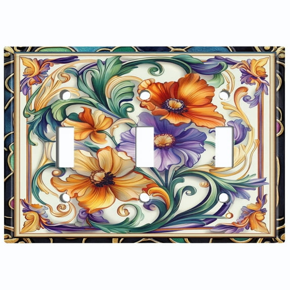 Metal Light Switch Wall Plate Outlet Cover (Printed Image of Rustic Poppy Flowers - Triple Toggle)
