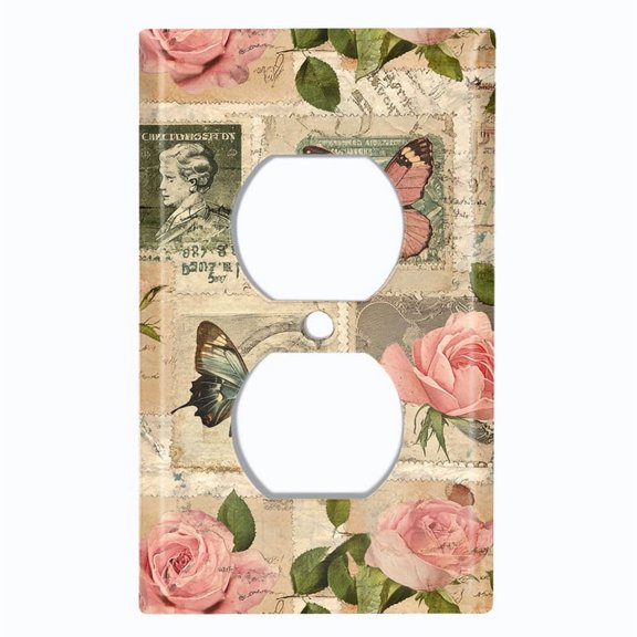 Metal Light Switch Wall Plate Outlet Cover (Printed Image of Rustic Postal Stamps - Single Duplex)
