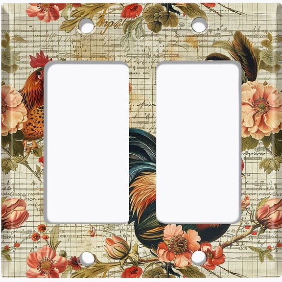 Metal Light Switch Wall Plate Outlet Cover (Printed Image of Rustic Rooster Scrapbook Art - Double GFI/Rocker)