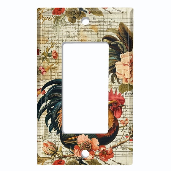 Metal Light Switch Wall Plate Outlet Cover (Printed Image of Rustic Rooster Scrapbook Art - Single GFI/Rocker)