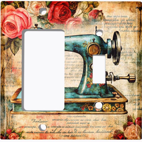Metal Light Switch Wall Plate Outlet Cover (Printed Image of Rustic Sewing Machine - 2 Gang GFI Rocker/Toggle)