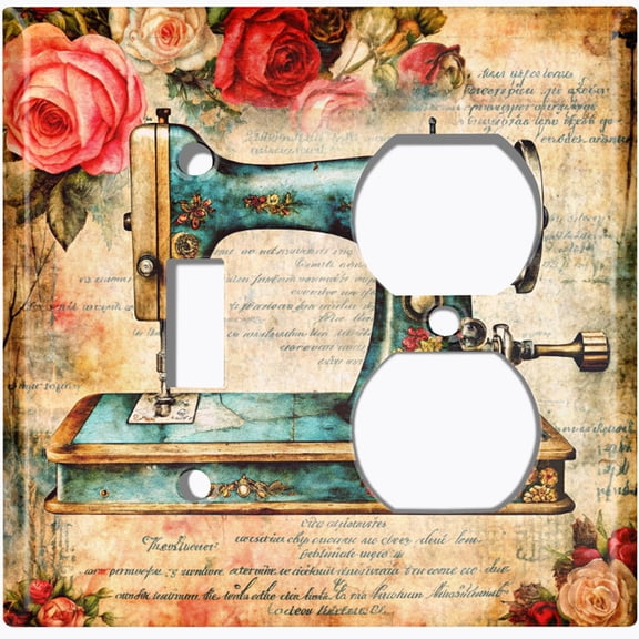 Metal Light Switch Wall Plate Outlet Cover (Printed Image of Rustic Sewing Machine - 2 Gang Toggle/Duplex)