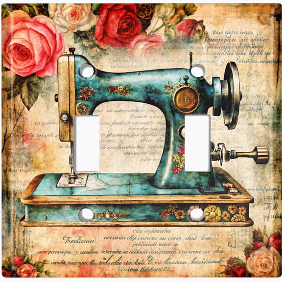 Metal Light Switch Wall Plate Outlet Cover (Printed Image of Rustic Sewing Machine - Double Toggle)