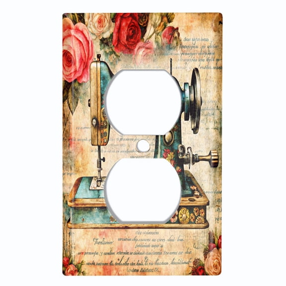 Metal Light Switch Wall Plate Outlet Cover (Printed Image of Rustic Sewing Machine - Single Duplex)