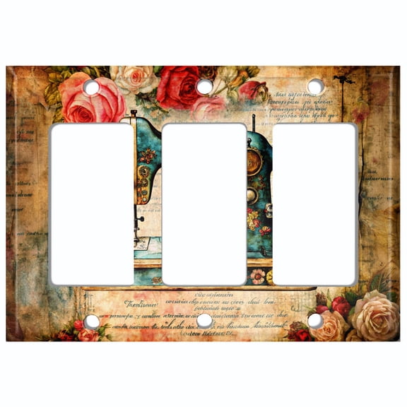 Metal Light Switch Wall Plate Outlet Cover (Printed Image of Rustic Sewing Machine - Triple GFI/Rocker)