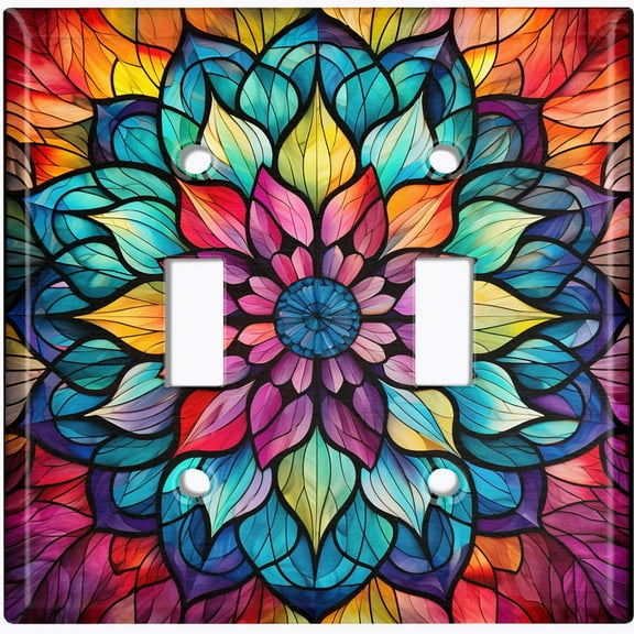 Metal Light Switch Wall Plate Outlet Cover (Printed Image of Rustic Stained Glass Flower - Double Toggle)